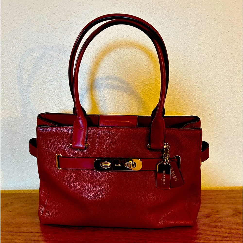 COACH Swagger Carryall Pebble Leather Satchel - Red